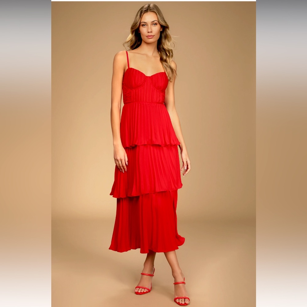 Lulus Red Tiered Bustier Midi Dress